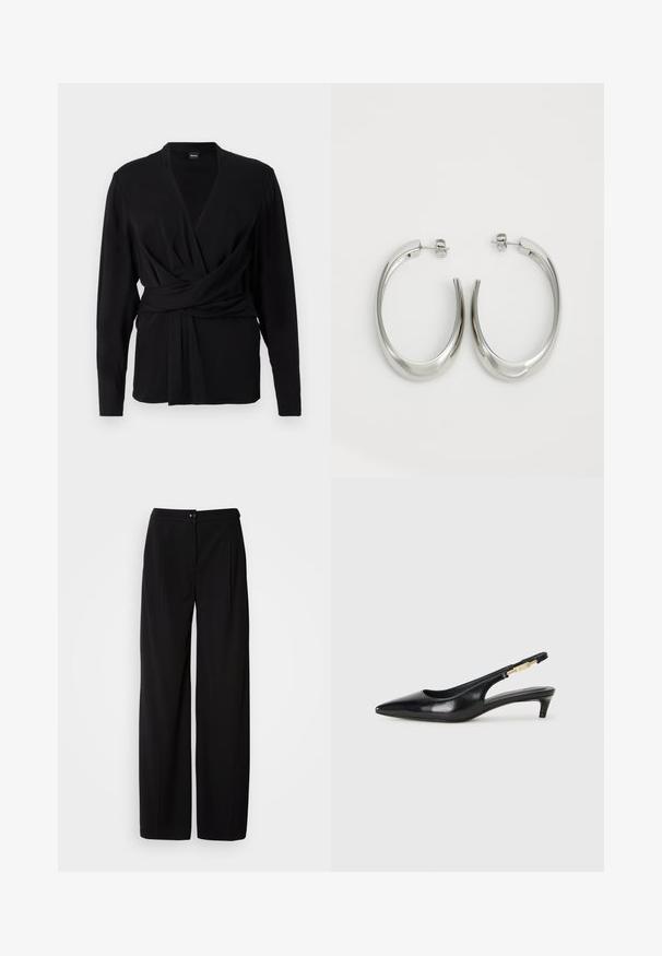 Juodas apvyniotas viršus, pagamintas iš minkštos medžiagos, turintis ilgus rankovės, V formos iškirptę ir surištą diržą, akcentuojantį liemenį. Lygios tekstūros.; Juodos plačios kelnės iš lygaus, audinio; turi mygtukų užsegimą ir raukšlėtą dizainą, suteikiantį struktūruotą siluetą.; Juodas odinis pavasario batelių modelis su smailiu nosiu, turintis siaurą kulniuką ir auksinės spalvos akcentu reguliuojamoje juostoje. Lygi tekstūra.; Sidabriniai apvalūs auskarai su lygiu, išlenktu dizainu. Yra blizgus metalinis paviršius ir smeigtukų uždarymas. Nėra matomų raštų ar akcentų.