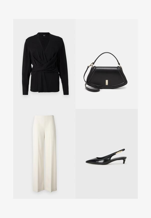 Top avvolgente nero in tessuto morbido, con maniche lunghe, scollatura a V e una cintura annodata che accentua la vita. Tessuto liscio.; Pantaloni larghi bianchi realizzati in un tessuto morbido con pieghe frontali. Progettati con una vita alta e una finitura pulita.; Tacchi slingback in pelle nera con punta affusolata, caratterizzati da un tacco alto e un accento dorato sulla cinghia regolabile. Texture liscia.; Borsa a mano in pelle nera con un design strutturato, caratterizzata da una forma corta, manico superiore e accessori in metallo dorato. Inclusa tracolla regolabile.
