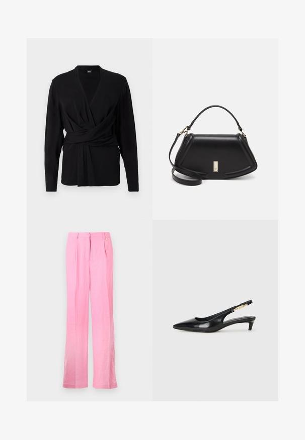 Mustat kääntöpaidan, joka on valmistettu pehmeästä kankaasta, pitkät hihat, v-pääntie ja solmittava vyö, joka korostaa vyötäröä. Silkkinen pinta.; Vaaleanpunaiset pellavahousut, joissa on rento istuvuus, etu laskokset, napitus ja taskut sivuilla. Sujuva rakenne ja suorat lahkeet.; Mustat nahkaiset slingback-korkokengät, joissa on terävä kärki, ohuet korot ja kultasävytteinen yksityiskohta säädettävässä hihnassa. Silkkinen pinta.; Mustalla nahkalaukulla, jossa on jämäkkä muotoilu, lyhyt malli, yläkahva ja kultaiset yksityiskohdat. Säädettävä olkahihna sisältyy.
