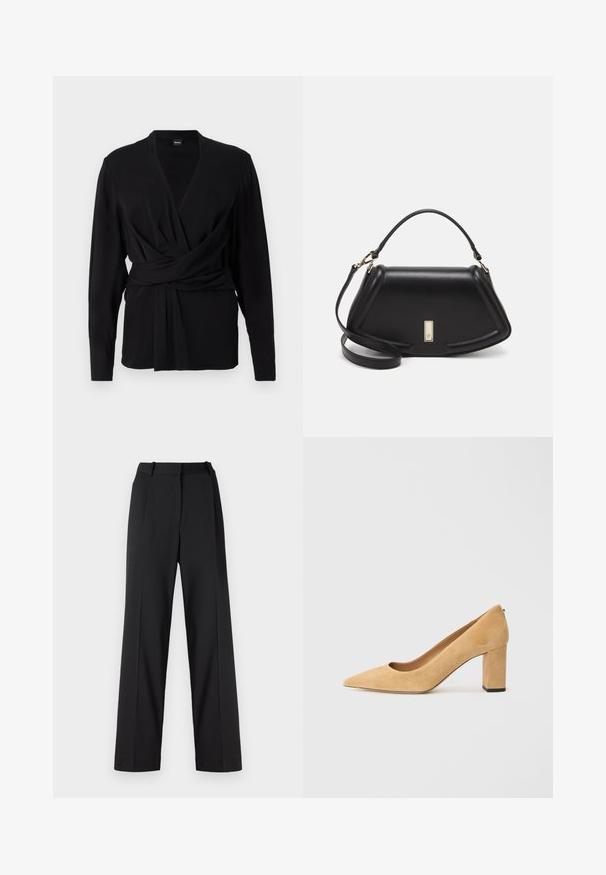 Czarna bluzka kopertowa z miękkiego materiału, z długimi rękawami, dekoltem w serek i wiązanym paskiem podkreślającym talię. Gładka tekstura.; Czarne spodnie w szerokim kroju wykonane z gładkiego materiału, z wysokim stanem, plisowanym przodem i szlufkami na pasek. Czysty, dopasowany fason.; Beżowe zamszowe czółenka na wysokim obcasie z ostrym noskiem i szerokim słupkiem. Materiał ma miękką fakturę i gładkie wykończenie.; Czarna skórzana torebka o strukturalnym designie, z przyciętą formą, górnym uchwytem i złotymi akcentami. W zestawie regulowany pasek na ramię.