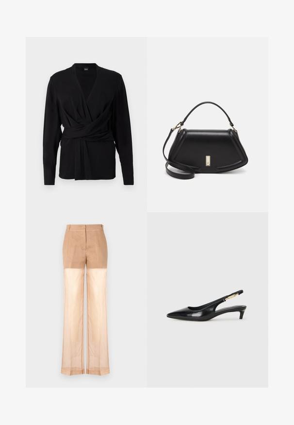 Black wrap top made of soft fabric, featuring long sleeves, a v-neckline, and a tied belt accentuating the waist. Smooth texture.; Beige trousers with a semi-sheer lower half, wide-leg design; smooth texture, tailored waistband, and clean hemline.; Black leather slingback heels with a pointed toe, featuring a slim heel and a gold-tone accent on the adjustable strap. Smooth texture.; Black leather handbag with a structured design, featuring a cropped shape, top handle, and gold hardware accent. Adjustable shoulder strap included.