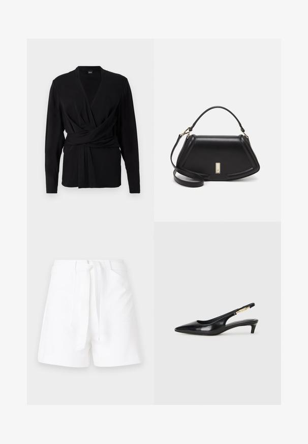 Top negro de envoltura hecho de una tela suave, con mangas largas, un escote en V y un cinturón atado que acentúa la cintura. Textura suave.; Pantalones cortos blancos con cintura ajustable, que cuentan con dos bolsillos laterales y una tela suave y texturizada. Corte clásico con líneas limpias.; Tacones negros de piel sintética tipo slingback con punta afilada, que cuentan con un tacón delgado y un detalle en tono dorado en la correa ajustable. Textura suave.; Bolso de mano de cuero negro con un diseño estructurado, que presenta una forma recortada, asa superior y acentos en dorado. Correa de hombro ajustable incluida.