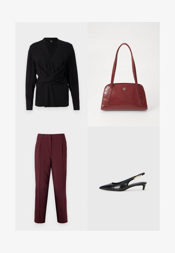 Černý zabalovací top z měkké látky, s dlouhými rukávy, výstřihem do V a zavazovacím páskem, který zvýrazňuje pas. Hladká textura.; Bruuns Bazaar CINDYSUS DAGNY - Kalhoty - sassafras; Černé kožené boty na podpatku s otevřenou patou a špičatou špičkou, s tenkým podpatkem a zlatým akcentem na nastavitelném pásku. Hladký povrch.; Červená prošívaná kabelka vyrobená z lesklého materiálu, se dvěma dlouhými uchy a akcentem stříbrného loga. Diagonální švy vytvářejí texturu.