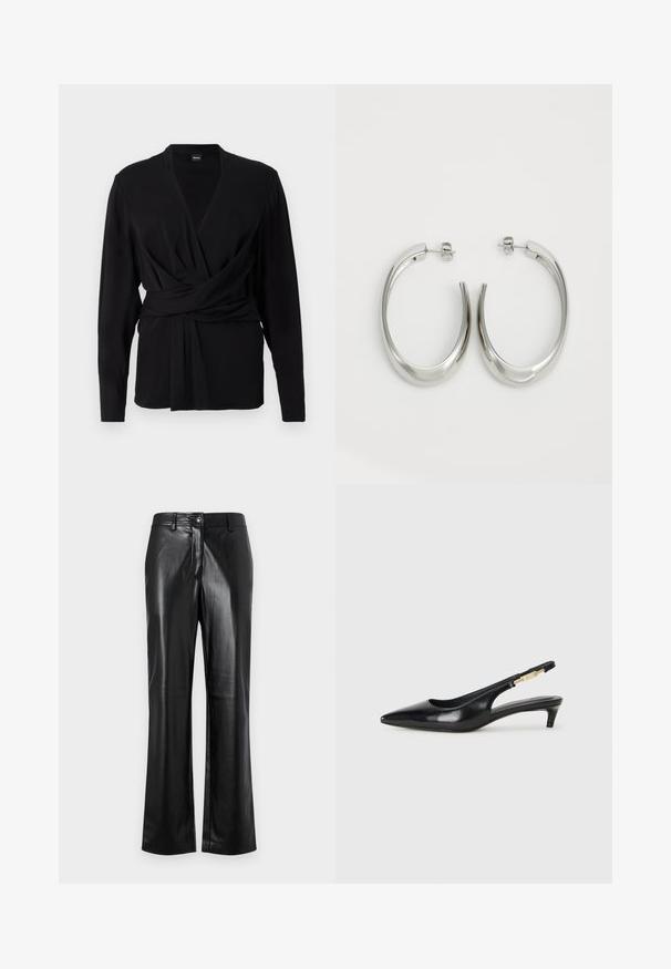 Black wrap top made of soft fabric, featuring long sleeves, a v-neckline, and a tied belt accentuating the waist. Smooth texture.; Black leather pants with a straight leg design, featuring a front button closure, belt loops, and a smooth, polished texture.; Black leather slingback heels with a pointed toe, featuring a slim heel and a gold-tone accent on the adjustable strap. Smooth texture.; Silver hoop earrings with a smooth, curved design. Features a shiny metallic finish and stud closure. No visible patterns or accents.
