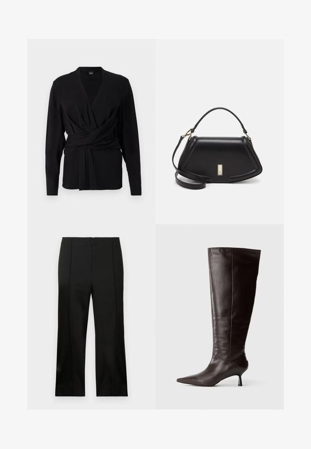 Black wrap top made of soft fabric, featuring long sleeves, a v-neckline, and a tied belt accentuating the waist. Smooth texture.; Black tailored trousers with a straight-leg fit, smooth fabric, center front crease, and discreet back zip closure.; Brown leather knee-high boot with a pointed toe and slim heel. Smooth texture and sleek design, featuring a minimalistic silhouette.; Black leather handbag with a structured design, featuring a cropped shape, top handle, and gold hardware accent. Adjustable shoulder strap included.