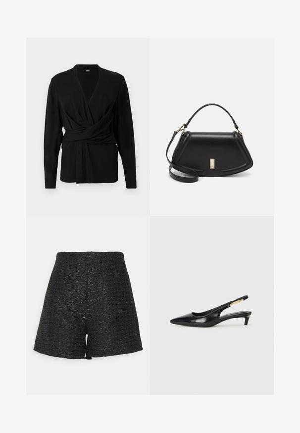 Čierny zavinovací top vyrobený z mäkkej látky, s dlhými rukávmi, v-dekoltom a viazaním na opasku, ktoré zvýrazňuje pás. Hladká textúra.; Čierne pletené šortky s textúrovaným povrchom a jemným leskom. Majú vysoký pás a štruktúrovaný A-článkový strih.; Čierne kožené slingback opätky s špicatou špičkou, s úzkym opätkom a zlatým detailom na nastaviteľnom remienku. Hladká textúra.; Čierna kožená kabelka so štruktúrovaným dizajnom, s krátkym tvarom, hornou rúčkou a zlatými prvkami. Súčasťou je nastaviteľný ramenný popruh.