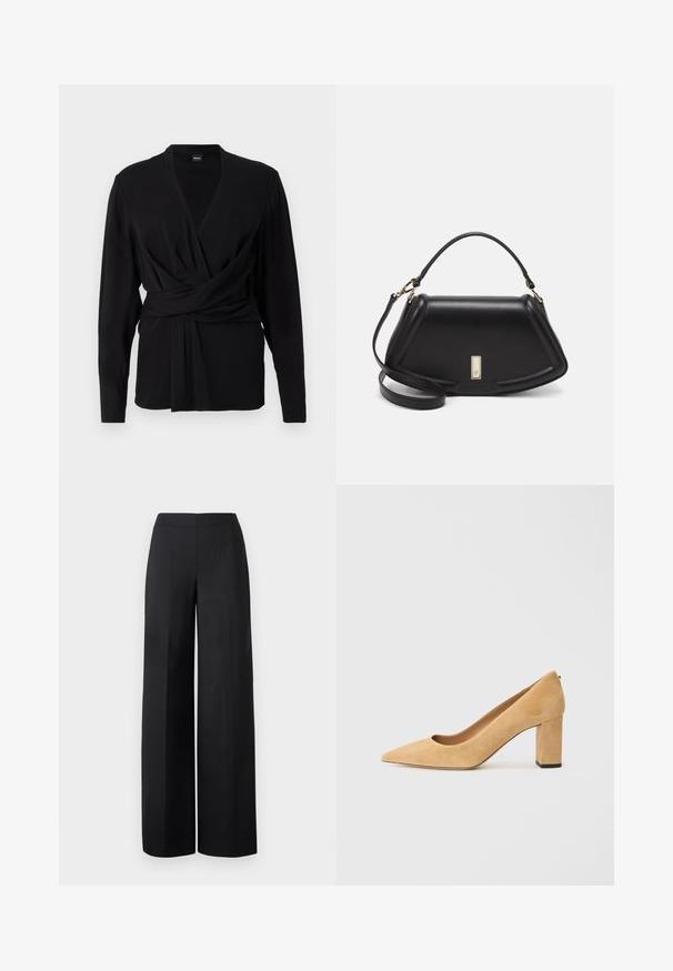 Top avvolgente nero in tessuto morbido, con maniche lunghe, scollatura a V e una cintura annodata che accentua la vita. Tessuto liscio.; Pantaloni neri a gamba larga realizzati in un tessuto liscio. Presentano una vita alta e linee pulite e dritte senza tasche visibili o decorazioni.; Pump beige in suede con tacco alto, punta affilata e tacco a blocco massiccio. Il materiale ha una consistenza morbida con una finitura liscia.; Borsa a mano in pelle nera con un design strutturato, caratterizzata da una forma corta, manico superiore e accessori in metallo dorato. Inclusa tracolla regolabile.