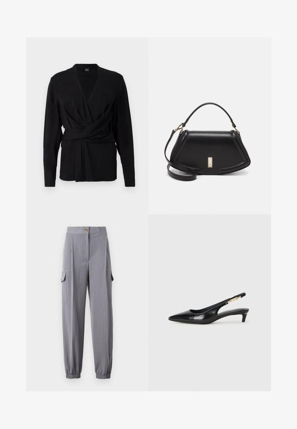 Svart omslagstopp laget av myk stoff, med lange ermer, v-hals og et knytebelte som fremhever midjen. Jevn tekstur.; Grå stripete bukser med elastiske mansjetter og to sidelommer. Har en knappelukking og et skreddersydd design.; Sorte lærreim hæler med spiss tå, som har en slank hæl og en gullfarget detalj på den justerbare stroppen. Glatt tekstur.; Sort lærveske med en strukturert design, som har en avkortet form, topphåndtak og detaljer i gull. Justerbar skulderstropp inkludert.