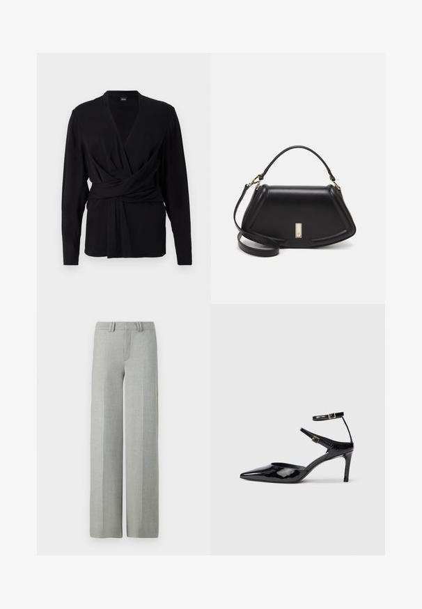 Svart wrap-top i mjukt tyg, med långa ärmar, v-ringning och en knytrem som betonar midjan. Slät textur.; Grå vida byxor i ett lätt material, med en slät front, bälteshällor och rena, skräddarsydda linjer utan synliga mönster.; Svarta lackskinnshälar med spetsig tå, justerbara ankelremmar och en smal klack. Slät textur med en glänsande yta.; Svart läderhandväska med en strukturerad design, som har en avskuren form, ett handtag upptill och guldiga detaljer. Justerbar axelrem ingår.