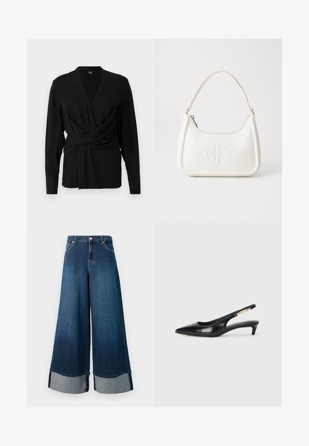 Fekete, puha anyagból készült, hosszú ujjú, V-kivágású felső, derékban megkötő övvel, amely hangsúlyozza a derekát. Sima textúra.; Sötét mosású, széles szárú farmernadrág, elhalványult felülettel. Nyers szegéllyel és világosabb farmer anyagú mandzsettával rendelkezik. Elülső zsebekkel és gombos záródással készült.; Fekete bőr slingback magassarkúk, hegyes orral, vékony sarkakkal és arany színű részlettel a állítható pánton. Simа felület.; Fehér bőrtáska ívelt formájú, elöl feltűnő "CK" logóval, egyetlen vállpánttal. Cipzáras zárás a tetején.