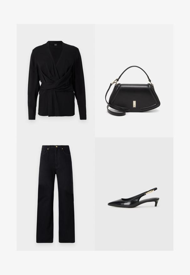 Black wrap top made of soft fabric, featuring long sleeves, a v-neckline, and a tied belt accentuating the waist. Smooth texture.; Black denim trousers with a straight-leg fit, featuring a high waist, five pockets, golden hardware, and subtle stitching details.; Black leather slingback heels with a pointed toe, featuring a slim heel and a gold-tone accent on the adjustable strap. Smooth texture.; Black leather handbag with a structured design, featuring a cropped shape, top handle, and gold hardware accent. Adjustable shoulder strap included.