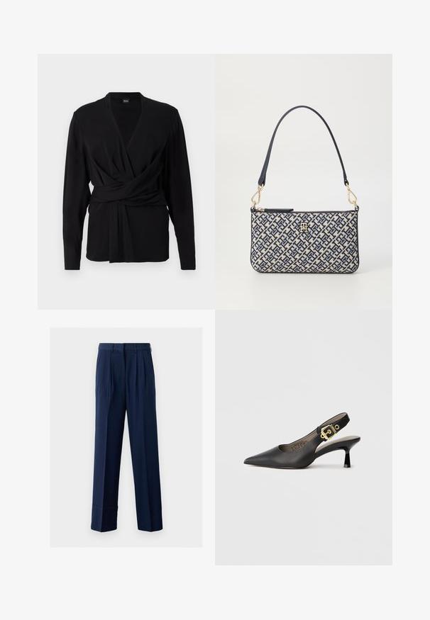Melna blūze ar garām piedurknēm, kas izgatavota no mīksta auduma, ar v-veida apkakli un sasietu jostu, kas izceļ jostasvietu. Gluda tekstūra.; Jūras zilas pielāgotas bikses ar izgriezumiem, taisnu kāju dizains, izgatavots no viegla auduma. Iekļaujas josta ar cilpām.; Melnas slingback augstpapēžu kurpes ar smailo purngalu, gludu ādas tekstūru un zeltainu sprādzi uz siksniņas.; Taisnstūra formas rokassoma ar tumši zilu un krēmīgu ģeometrisku rakstu, ar teksturētu audumu, zelta aksesuāriem un vienu tumši zilu plecu siksnu.