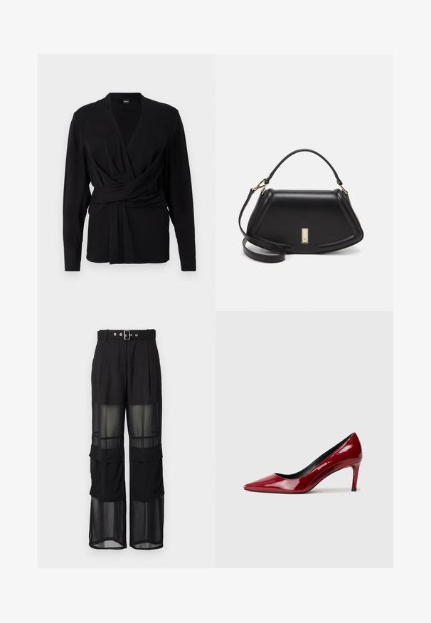Svart wrap-top i mjukt tyg, med långa ärmar, v-ringning och en knytrem som betonar midjan. Slät textur.; Svarta byxor med vida ben, ett bälte med en silverfärgad spänne och lager av genomskinliga paneler i den nedre delen.; Röd lackskinn högklackad sko med spetsig tå och smal klack. Slät yta med blank finish och svart innertyg.; Svart läderhandväska med en strukturerad design, som har en avskuren form, ett handtag upptill och guldiga detaljer. Justerbar axelrem ingår.