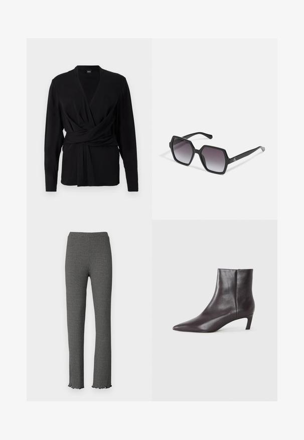 Fekete, puha anyagból készült, hosszú ujjú, V-kivágású felső, derékban megkötő övvel, amely hangsúlyozza a derekát. Sima textúra.; Szürke bordás kötött nadrág, mely testhezálló fazonú, fodros szegéllyel és rugalmas derékkal rendelkezik. Az anyag texturált mintákkal díszített.; Fekete bőr bokacsizma hegyes orral és alacsony, macskaként hivatkozott sarkával, sima felülettel, oldalsó cipzárral, semleges háttér előtt bemutatva.; Fekete, hatszögletű napszemüveg, fokozatosan sötétedő lencsékkel, fényes felülettel és diszkrét logóval a szárán. Tartós műanyagból készült.