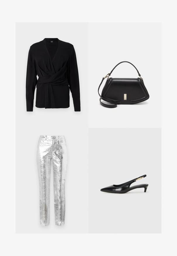 Black wrap top made of soft fabric, featuring long sleeves, a v-neckline, and a tied belt accentuating the waist. Smooth texture.; Silver, metallic trousers with a crinkled texture. Straight-leg design, front pockets, and a zip fly closure. Smooth and reflective surface.; Black leather slingback heels with a pointed toe, featuring a slim heel and a gold-tone accent on the adjustable strap. Smooth texture.; Black leather handbag with a structured design, featuring a cropped shape, top handle, and gold hardware accent. Adjustable shoulder strap included.