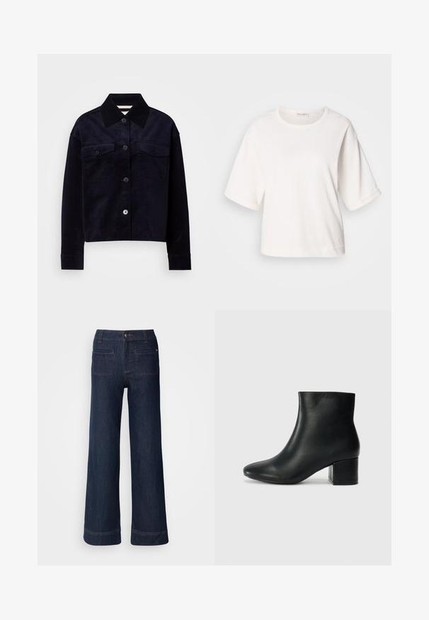 Casaco de veludo cotelê azul marinho escuro com grande gola pontuda, fecho com botão e dois bolsos de aba no peito com botões.; T-shirt branca de algodão com um corte descontraído, mangas curtas com punhos, gola redonda e uma textura suave. Design simples e minimalista.; Mos Mosh GLAM - Wide leg - dark blue; Botas de tornozelo em pele preta com bico pontiagudo e um salto robusto. Textura suave com acentos mínimos e um design ajustado e elegante.