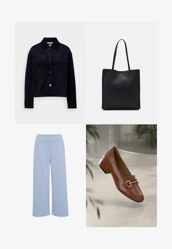 Tume tumesinine kant-jakk, millel on suur terav krae, nupuga esikinnitus ja kaks nupuga klapiga rinnataskut.; ICHI KATE SUS WIDE - Püksid - forever blue; Pruunist lakknahast loafer, millel on ruudukujuline varvas, metallist ahel kaunistus ja madal plokkkonts; sile tekstuur, minimalistlik disain.; Mustast nahast kott sujuva tekstuuriga, ristkülikukujuline ja kahe pika sangaga. Pole nähtavat riistvara ega kaunistusi.