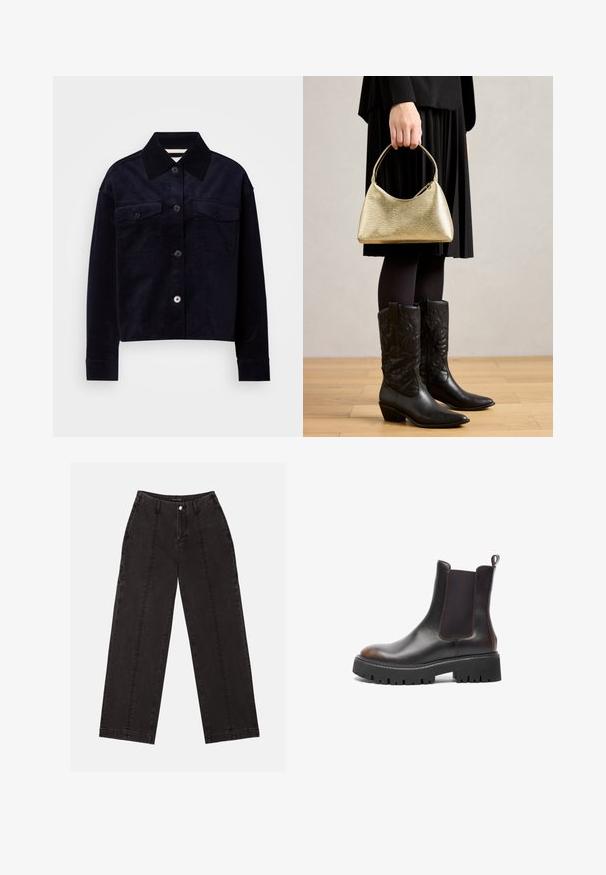 Temno mornarsko modra žametna jakna z velikim špicastim ovratnikom, zapenjanjem na gumbe in dvema oblekama na prsih z gumbi.; Črne široke jeans hlače iz denima, s visokim pasom, sprednjim gumbom in dvema vertikalnima šivoma na sprednji strani.; Rjave usnjene gležnjarje z elastičnimi stranskimi paneli, masivnim črnim gumijastim podplatom, zaobljenim nosom, kontrastnim šivanjem in zanko na zadnji strani.; Zlati torbica z strukturo in ukrivljeno obliko ter kratko ročico, jo drži oseba v črnem nabranem krilu in črnih usnjenih kavbojkah.