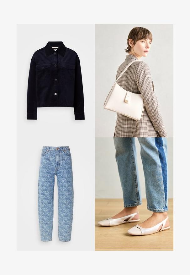Tumši zila korduroja jaka ar lielu norādītu apkakli, pogu priekšpusi un divām kabatām uz krūtīm ar pogām.; Gai zila vidukļa augstuma džinsi ar ģeometrisku rakstu, taisna kāju dizains, izšūšanas detaļas un vara toņu pogu akcenti.; Bālti rozā siksniņu dzīvokļi ar smailu purngalu, izgatavoti no gludas ādas līdzīgās materiāla. Iezīmē izgriezumu detaļas sānos un platu papēdi.; Balta ādas rokassoma ar strukturētu dizainu, kurai ir magnētiska aizdare un plecu josta, parādīta uz neitrāla fona.