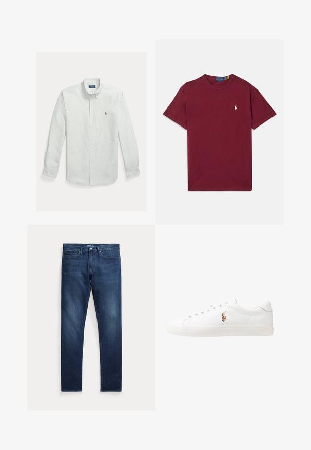 Chemise à rayures vert clair et blanc en coton, avec un col classique et un petit logo brodé sur la poitrine.; T-shirt en coton bordeaux à manches courtes, encolure ras du cou et logo brodé blanc sur la poitrine gauche. Texture lisse et coupe classique.; Jean denim bleu foncé avec une coupe droite, doté de cinq poches, d'une fermeture par bouton et d'un léger délavage au niveau des cuisses.; Baskets en cuir blanc, design bas, avec une texture lisse, bout rond, lacets à l'avant et un petit logo brodé sur le côté.