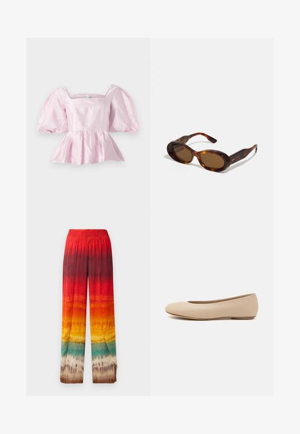 Lys rosa peplum-top lavet af skinnende satinmateriale. Har en firkantet udskæring og puffede ærmer med elastisk kant.; Bredde bukser med et gradientdesign i rød, orange, gul og grøn. Fremstillet af et glat, let stof med en elastisk talje.; Beige læder balletflade med afrundet tå, minimal sømdetaljering, lav hæl og subtilt logo på bagsiden. Glat, mat tekstur.; Skildpaddeskals-solbriller med ovale linser, brun nuance, og gyldne detaljer på stængerne. Kraftige rammer med en blank overflade og glat tekstur.