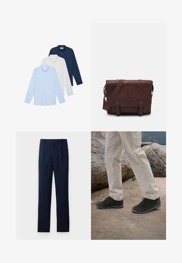 Tre langærmede skjorter: lyseblå, hvid og marineblå. Alle har en klassisk krave og knaplukning foran, lavet af glat stof.; Mørkeblå bukser lavet af glat stof, med en enkelt knaplukning, læg og lige ben. Minimalistisk design uden bemærkelsesværdige mønstre.; Lowa BELLAGIO GTX LO - Hikingsko - oliv; Brun læder buddeltaske med en flad frontklap, to remme, guld hardware detaljer og en justerbar skulderrem.