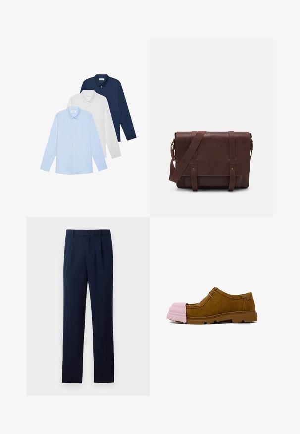 Drie overhemden met lange mouwen: lichtblauw, wit en marineblauw. Allemaal hebben ze een klassieke kraag en een knoopsluiting aan de voorkant, gemaakt van een gladde stof.; Marineblauwe broek van gladde stof, met een enkele knoopsluiting, plooien en rechte pijpen. Minimalistisch ontwerp zonder merkbare patronen.; Bruine suède schoen met een roze rubberen neuskap en bruine rubberen zool. Voorzien van veters en een gestikt ontwerp op de bovenkant.; Bruine lederen schoudertas met een platte voorflap, twee banden, gouden hardware-accenten en een verstelbare schouderband.