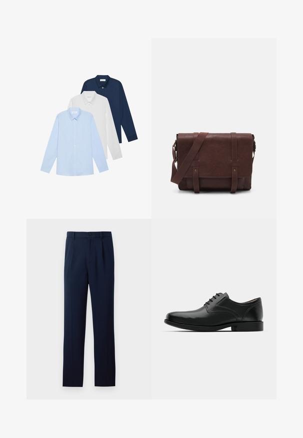 Tri dugih rukava: svijetloplava, bijela i tamnoplava. Svi imaju klasični ovratnik i dugmad sprijeda, izrađeni su od glatkog materijala.; Tamnoplave hlače od glatkog materijala, s jednim gumbom za zatvaranje, nabranim detaljima i ravnim nogavicama. Minimalistički dizajn bez istaknutih uzoraka.; Crne kožne cipele s sjajnim finišem, okruglim vrhom, vezanjem, kontrastnim šavovima i niskim gumene pete.; Smeđa kožna torba za messenger s ravnim prednjim poklopcem, dva remena, zlatnim hardverskim detaljima i podesivim remenom za rame.