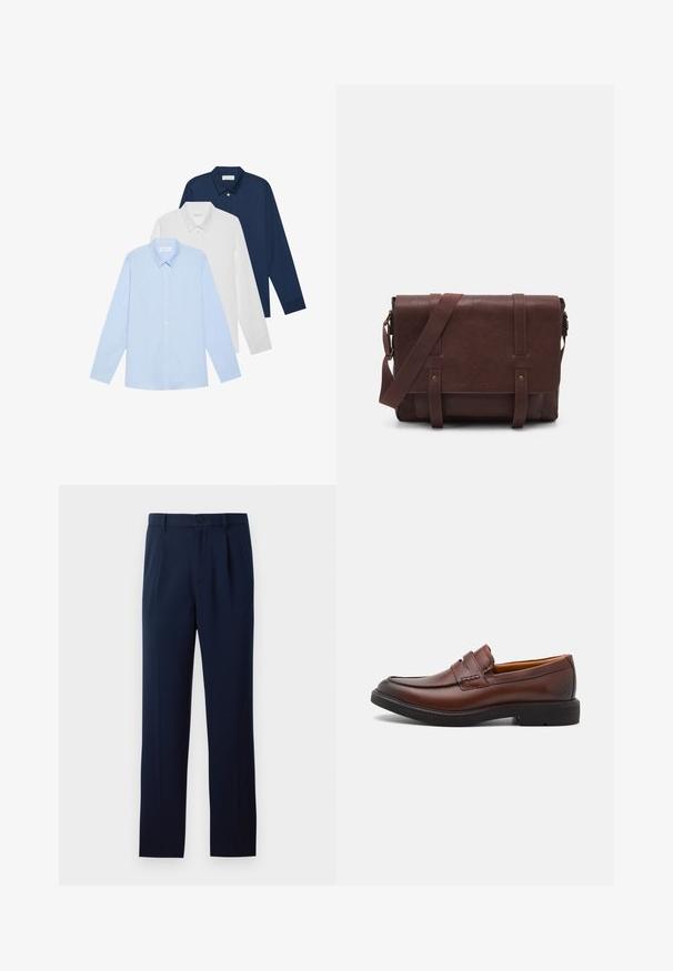 Drie overhemden met lange mouwen: lichtblauw, wit en marineblauw. Allemaal hebben ze een klassieke kraag en een knoopsluiting aan de voorkant, gemaakt van een gladde stof.; Marineblauwe broek van gladde stof, met een enkele knoopsluiting, plooien en rechte pijpen. Minimalistisch ontwerp zonder merkbare patronen.; Bruine leren instappers met een ronde neus, decoratieve stiksels en een zwarte rubberen zool. Gladde textuur en minimale ontwerpelementen.; Bruine lederen schoudertas met een platte voorflap, twee banden, gouden hardware-accenten en een verstelbare schouderband.