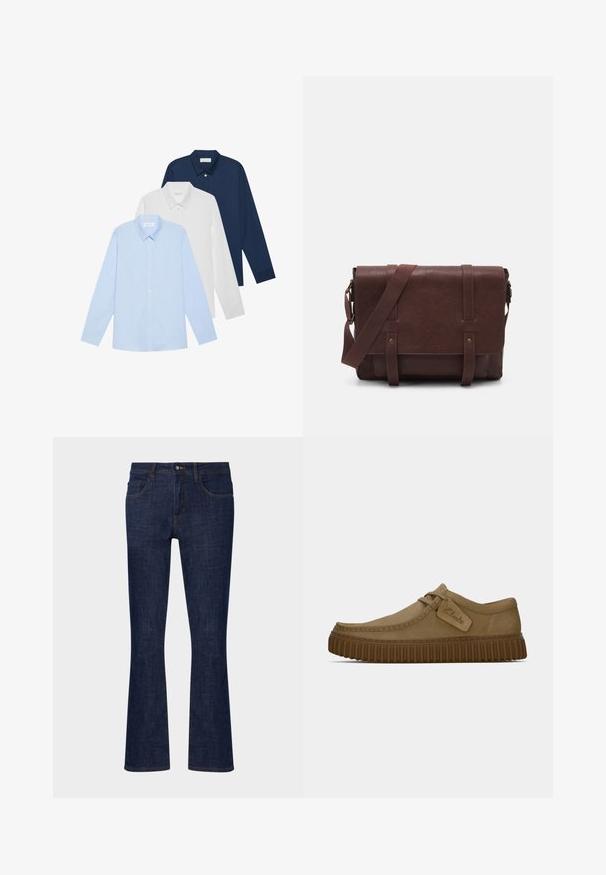 Drie overhemden met lange mouwen: lichtblauw, wit en marineblauw. Allemaal hebben ze een klassieke kraag en een knoopsluiting aan de voorkant, gemaakt van een gladde stof.; Donkerblauwe denim flared jeans met een middelhoge taille, vijf zakken en contrasterende stiksels. Gladde textuur met minimale slijtage.; Lichtbruine suède schoenen met een ronde neus, gestikte details en een geribbeld bruine rubberen zool. Bevat een zijlabel met het "Clarks" logo.; Bruine lederen schoudertas met een platte voorflap, twee banden, gouden hardware-accenten en een verstelbare schouderband.