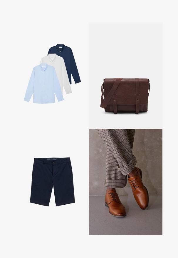 Trois chemises à manches longues : bleu clair, blanche et marine. Toutes ont un col classique et une fermeture à boutons à l'avant, en tissu lisse.; Shorts bleu marine en mélange de coton, dotés d'une fermeture à bouton, de poches latérales et d'une coupe droite. Taille M visible.; Des chaussures en cuir marron présentent un bout arrondi, un laçage à cinq œillets et des lacets sombres contrastés. Le pantalon est à carreaux, retroussé aux poignets.; Sac en cuir marron de style messager avec un rabat plat à l'avant, deux sangles, des accents en métal doré et une bandoulière adjustable.