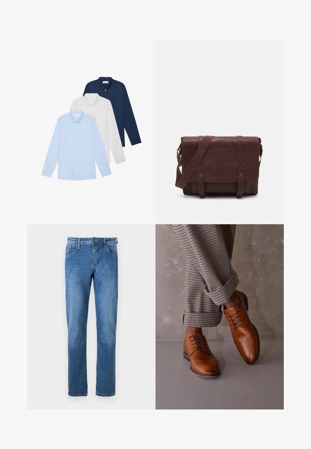 Tři košile s dlouhým rukávem: světle modrá, bílá a námořnická. Všechny mají klasický límec a zapínání na knoflíky, vyrobené z hladkého materiálu.; Džínové kalhoty v středně modré barvě se rovný střihem. Mají pět kapes, zapínání na knoflík a viditelné švy podél švů.; Hnědé kožené boty mají zaoblenou špičku, pět dírek na šněrování a kontrastní tmavé tkaničky. Kalhoty jsou kostkované a na koncích ohrnuté.; Hnědá kožená taška přes rameno s plochým předním klopem, dvěma popruhy, zlatými kovovými detaily a nastavitelným ramenním popruhem.