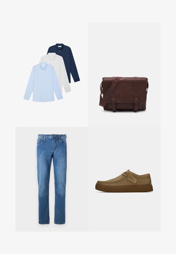 Tri dolgi rokavi srajce: svetlo modra, bela in mornarsko modra. Vse imajo klasičen ovratnik in gumbast sprednji del, izdelane so iz gladkega materiala.; Denim jeans v srednji modri barvi s ravnim krojem. Imajo pet žepov, zapiranje na gumb in vidne šive vzdolž šivov.; Svetlo rjave antilop čevlje z ovalnim nosom, šivi in ribasto rjavo gumijasto podplat. Ima stransko oznako z logotipom "Clarks".; Rjava usnjena torba za sporočila z ravnim sprednjim poklopcem, dvema trakovoma, zlatimi kovinskimi detajli in nastavljivim naramnim pasom.