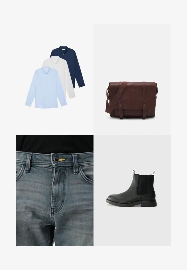 Trzy koszule z długim rękawem: jasnoniebieska, biała i granatowa. Wszystkie mają klasyczny kołnierzyk i zapięcie na guziki, wykonane z gładkiego materiału.; Wyblakłe niebieskie dżinsy z zapięciem na guziki, żółty akcent w pasie oraz klasyczny pięciopocketowy design. Tekstura wydaje się miękka i zużyta.; Czarne skórzane botki typu chelsea z elastycznymi panelami bocznymi, uchwytami, okrągłym noskiem i teksturowaną gumową podeszwą. Gładka powierzchnia i solidna konstrukcja.; Brązowa skórzana torba na ramię z płaskim klapem z przodu, dwoma paskami, złotymi akcentami oraz regulowanym paskiem na ramię.