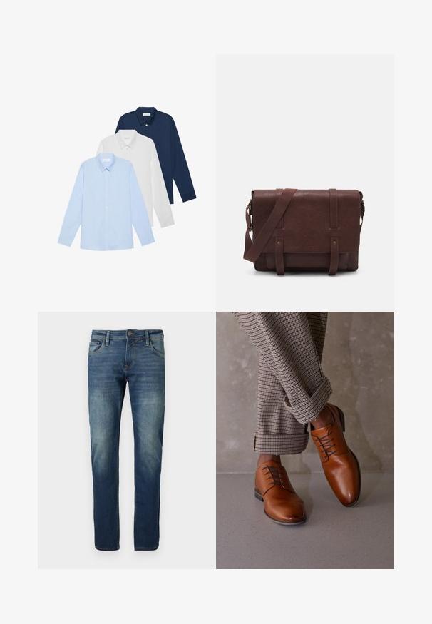 Tři košile s dlouhým rukávem: světle modrá, bílá a námořnická. Všechny mají klasický límec a zapínání na knoflíky, vyrobené z hladkého materiálu.; Modré džíny s rovnými nohavicemi, bledým předním dílem, kontrastním šitím, pěti kapsami a zapínáním na knoflík.; Hnědé kožené boty mají zaoblenou špičku, pět dírek na šněrování a kontrastní tmavé tkaničky. Kalhoty jsou kostkované a na koncích ohrnuté.; Hnědá kožená taška přes rameno s plochým předním klopem, dvěma popruhy, zlatými kovovými detaily a nastavitelným ramenním popruhem.