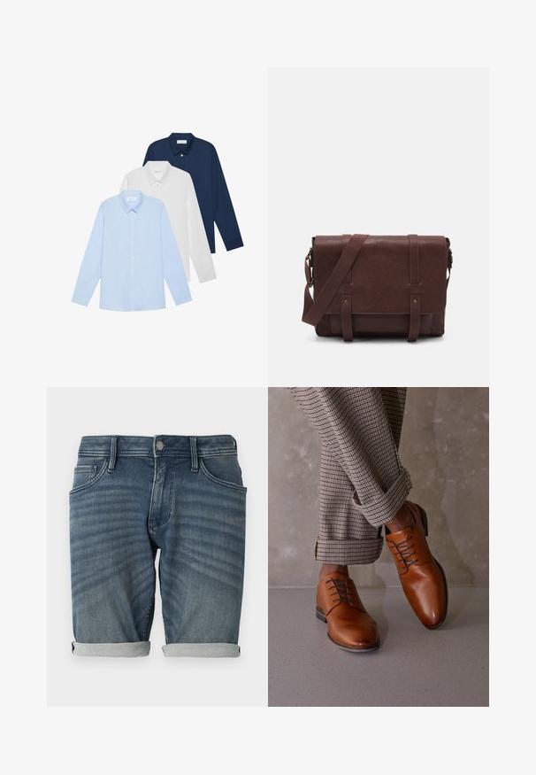 Tri dolgi rokavi srajce: svetlo modra, bela in mornarsko modra. Vse imajo klasičen ovratnik in gumbast sprednji del, izdelane so iz gladkega materiala.; Denim kratke hlače v svetlo do srednje modri barvi z izblekelim pranjem, s prevrnjenim robom, petimi žepi in kovinsko gumbasto zaporo na pasu.; Rjave usnjene čevlje odlikuje zaobljen odmerek, pet odprtin za vezalke in kontrastne temne vezalke. Hlače so karirane, zavite pri robovih.; Rjava usnjena torba za sporočila z ravnim sprednjim poklopcem, dvema trakovoma, zlatimi kovinskimi detajli in nastavljivim naramnim pasom.