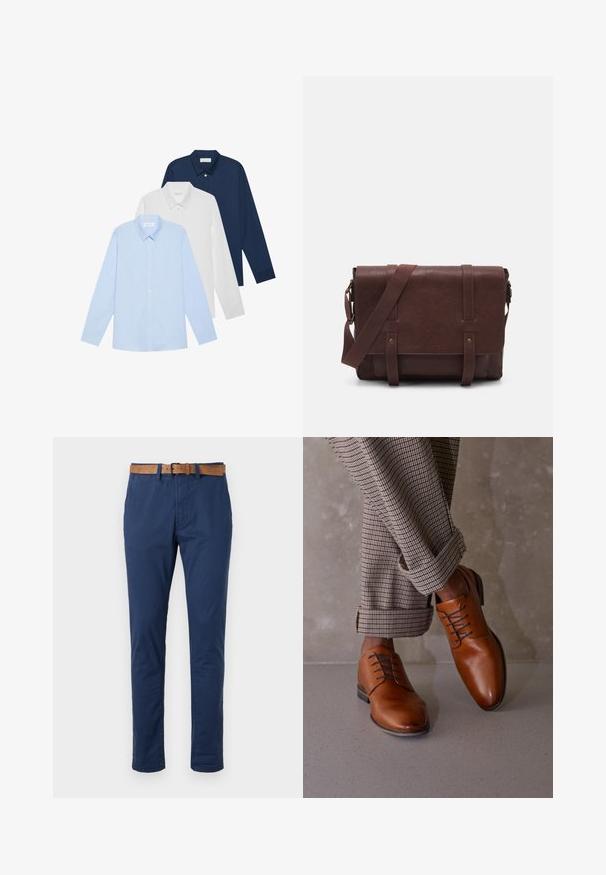 Trys ilgomis rankovėmis: šviesiai mėlynas, baltas ir tamsiai mėlynas. Visi turi klasikinį apykaklę ir sagstomą priekį, pagaminti iš lygaus audinio.; Tamsiai mėlyni medvilniniai chinos kelnės, tiesaus kirpimo, su dirželio kilpomis ir ruduo odiniu diržu. Lygus paviršius su klasikinio dizaino akcentais.; Rudonos odinės bateliai turi apvalią nosį, penkias akių raištelių sistemas ir kontrastinius tamsius raištelius. Kelnės yra languotos, surišamos ties kulkšniais.; Rudas odinis paštininko krepšys su lygiu priekiniu dangčiu, dviem diržais, auksiniais detalėmis ir reguliuojamu peties diržu.