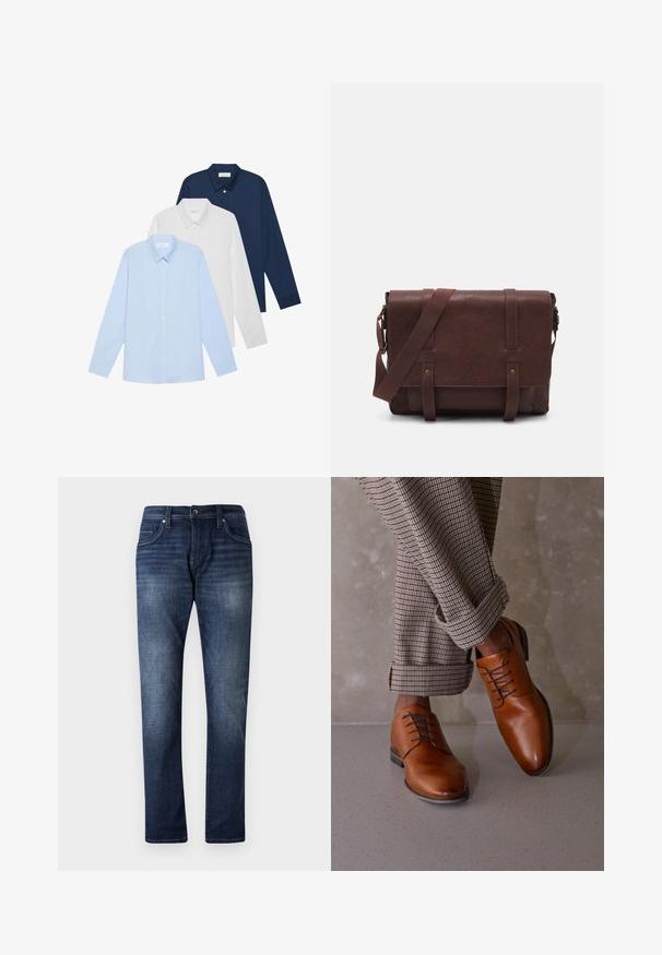 Tre camicie a maniche lunghe: azzurra chiara, bianca e blu navy. Tutte hanno un colletto classico e una chiusura con bottoni, realizzate in tessuto liscio.; Jeans in denim blu scuro con design a gamba dritta, caratterizzati da un lavaggio sbiadito, cinque tasche e dettagli di cucitura in evidenza lungo le cuciture.; Le scarpe in pelle marrone presentano una punta arrotondata, un design con cinque occhielli per i lacci e lacci scuri a contrasto. I pantaloni sono a scacchi, arrotolati sui polsini.; Borsa a tracolla in pelle marrone con un davanti piatto, due cinghie, dettagli in metallo dorato e una tracolla regolabile.