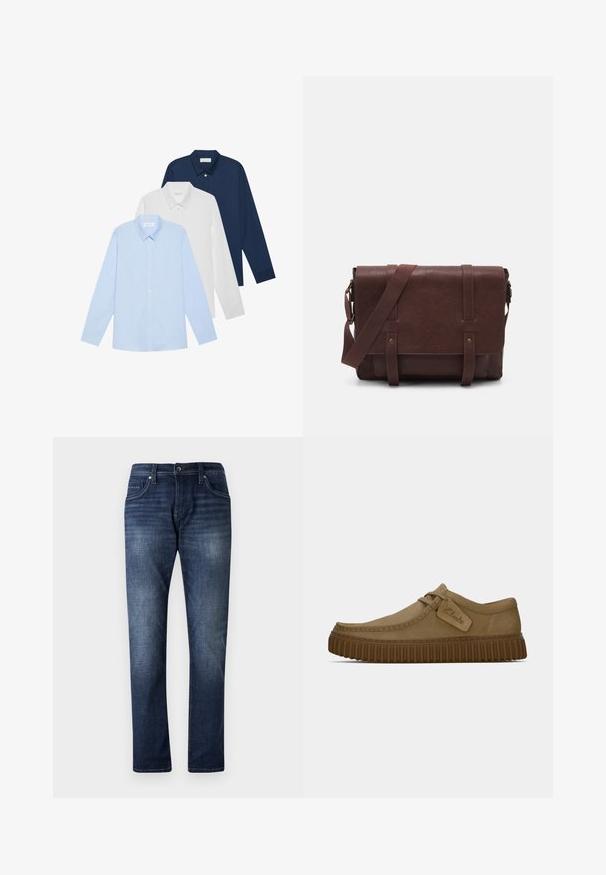 Tre longsleeve skjorter: lyseblå, hvit og marineblå. Alle har klassisk krage og knappestolpe, laget av glatt stoff.; Mørkeblå denimjeans med rett ben-design, med en falmet vask, fem lommer og synlige sømdetaljer langs sømmene.; Lys brun semsket skinnsko med rundt tå, sydd detaljer og en ribbet brun gummisåle. Har en sideetikett med "Clarks"-logo.; Brun lær messenger bag med en flat frontklaff, to stropper, gullfargede detaljer og en justerbar skulderrem.