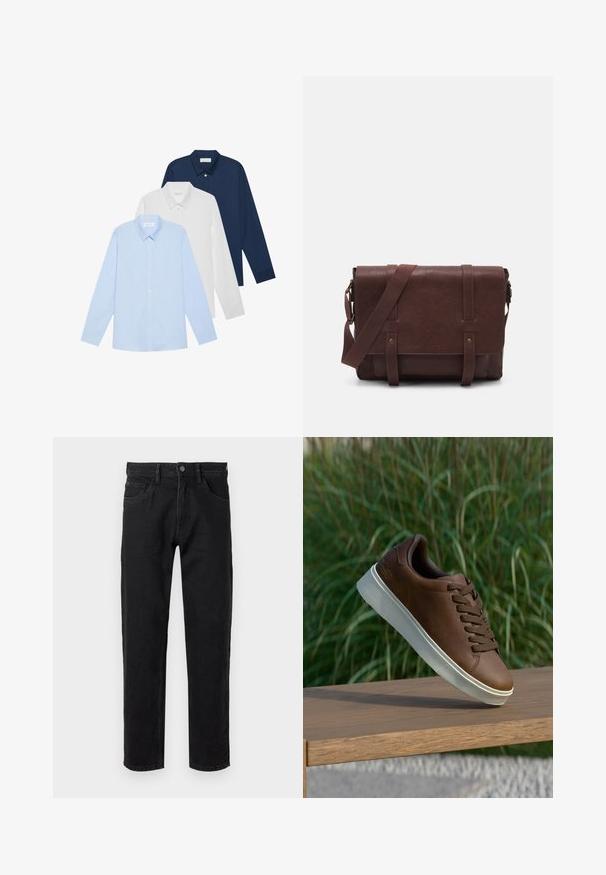 Tre camicie a maniche lunghe: azzurra chiara, bianca e blu navy. Tutte hanno un colletto classico e una chiusura con bottoni, realizzate in tessuto liscio.; Jeans in denim nero con taglio dritto, design a cinque tasche e chiusura con bottone metallico. Texture liscia con un minimo sbiadimento.; Sneaker in pelle marrone con suola in gomma bianca, punta arrotondata e lacci marroni. Grip testurizzato sulla suola e finitura liscia sulla parte superiore.; Borsa a tracolla in pelle marrone con un davanti piatto, due cinghie, dettagli in metallo dorato e una tracolla regolabile.