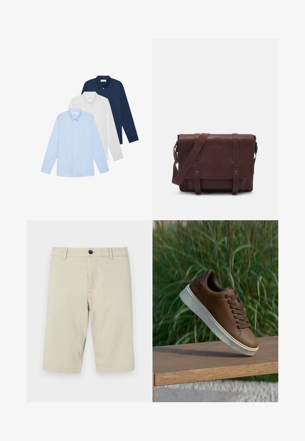 Kolme pitkähihasta paitaa: vaaleansininen, valkoinen ja laivaston sininen. Kaikissa on klassinen kaulus ja napitettavat etuosat, valmistettu sileästä kankaasta.; Beige shorts valmistettu kevyestä puuvillasekoitteesta, jossa on litteä etuosa, vyölenkit, nappisulku ja polvenpituinen helma.; Ruskeat nahkakengät valkoisella kumipohjalla, pyöristetty kärki ja ruskeat nauhat. Pohjassa on karhea pinta ja yläosassa sileä viimeistely.; Ruskea nahkainen viestintälaatikko, jossa on litteä etuläppä, kaksi remmiä, kultaiset yksityiskohdat ja säädettävä olkahihna.