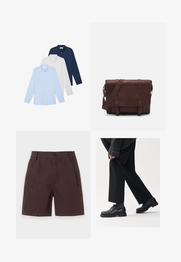 Three long-sleeve shirts: light blue, white, and navy. All have a classic collar and button-down front, made of smooth fabric.; Brown cotton shorts with an elastic waistband and a single button closure. Features side pockets and a smooth texture.; Black leather shoes with a rounded toe, lace-up design, and thick, textured sole. Worn with tailored black trousers and a ribbed sweater.; Brown leather messenger bag with a flat front flap, two straps, gold hardware accents, and an adjustable shoulder strap.