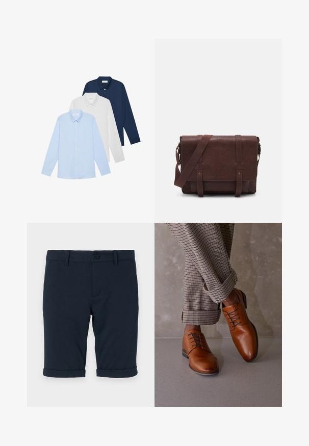 Three long-sleeve shirts: light blue, white, and navy. All have a classic collar and button-down front, made of smooth fabric.; Navy blue shorts made of cotton with a smooth texture, featuring rolled cuffs and a button closure at the waist.; Brown leather shoes feature a rounded toe, five eyelet lace-up design, and contrasting dark laces. Pants are plaid, rolled at the cuffs.; Brown leather messenger bag with a flat front flap, two straps, gold hardware accents, and an adjustable shoulder strap.