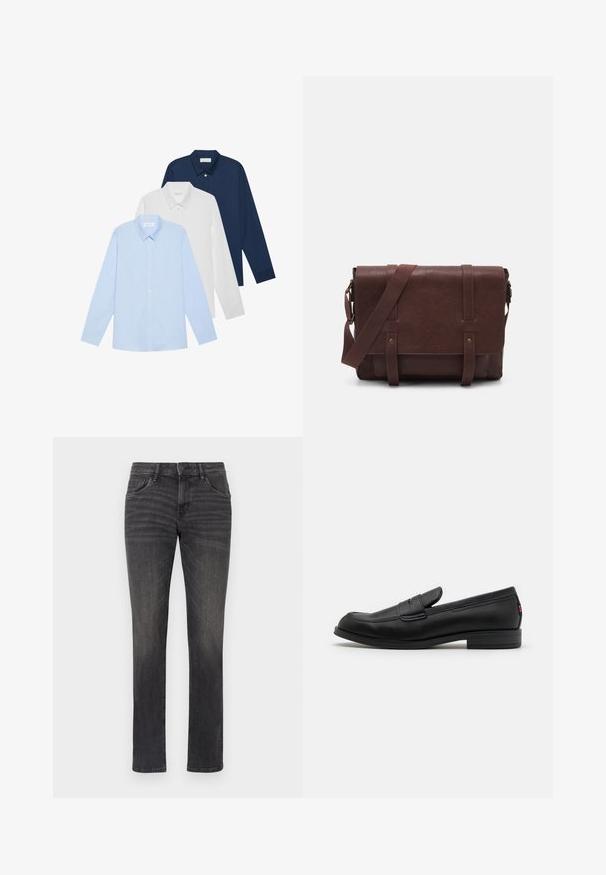 Três camisetas de manga longa: azul claro, branca e azul-marinho. Todas têm gola clássica e frente com botões, feitas de tecido liso.; Jeans de ganga cinza com um design de perna reta, estilo de cinco bolsos e um leve efeito de desgaste na frente. Possui fecho de botão e passantes para cinto.; Mocassim de couro preto com um acabamento suave, bico arredondado e uma pequena aba decorativa. Apresenta um salto baixo em camadas e um detalhe de branding discreto.; Mala mensageiro de couro castanho com uma aba frontal plana, duas correias, detalhes em metal dourado e uma alça de ombro ajustável.