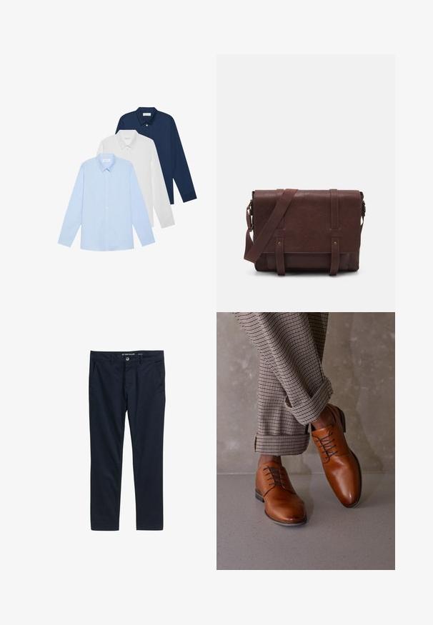 Tre camicie a maniche lunghe: azzurra chiara, bianca e blu navy. Tutte hanno un colletto classico e una chiusura con bottoni, realizzate in tessuto liscio.; Pantaloni di cotone blu navy con vestibilità dritta, dotati di tasche laterali, passanti per cintura e chiusura con bottone in vita. Tessuto liscio.; Le scarpe in pelle marrone presentano una punta arrotondata, un design con cinque occhielli per i lacci e lacci scuri a contrasto. I pantaloni sono a scacchi, arrotolati sui polsini.; Borsa a tracolla in pelle marrone con un davanti piatto, due cinghie, dettagli in metallo dorato e una tracolla regolabile.