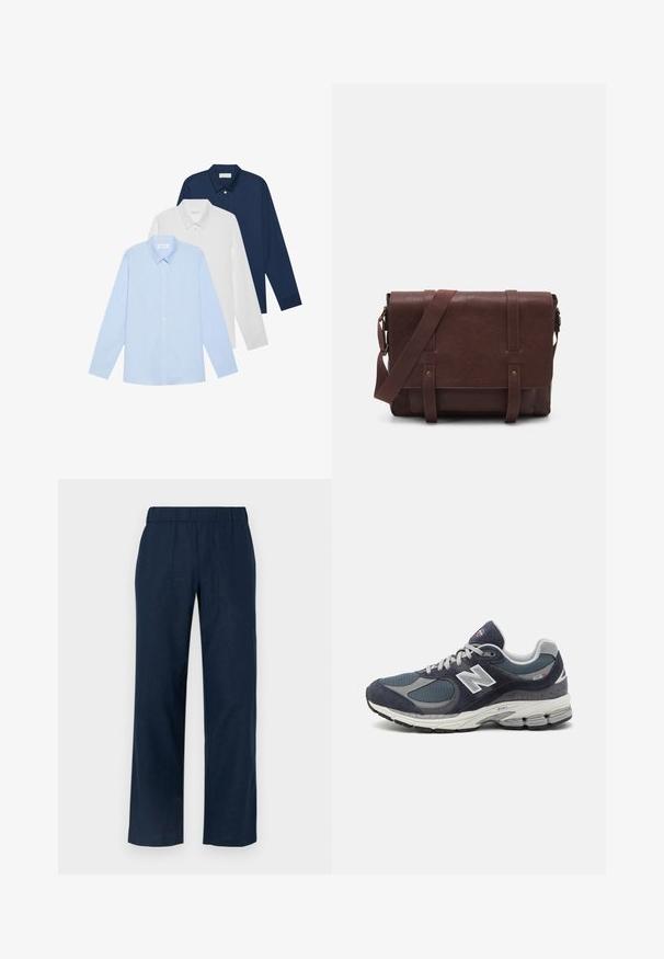 Drie overhemden met lange mouwen: lichtblauw, wit en marineblauw. Allemaal hebben ze een klassieke kraag en een knoopsluiting aan de voorkant, gemaakt van een gladde stof.; Navyblauwe pantalons met wijde pijpen en een elastische tailleband, voorzien van twee voorzakken en een gladde, lichte stofstructuur.; New Balance sneakers met een marineblauwe mesh en suede bovenkant, grijze accenten, wit logo, gevoerde zool en gestructureerde details.; Bruine lederen schoudertas met een platte voorflap, twee banden, gouden hardware-accenten en een verstelbare schouderband.