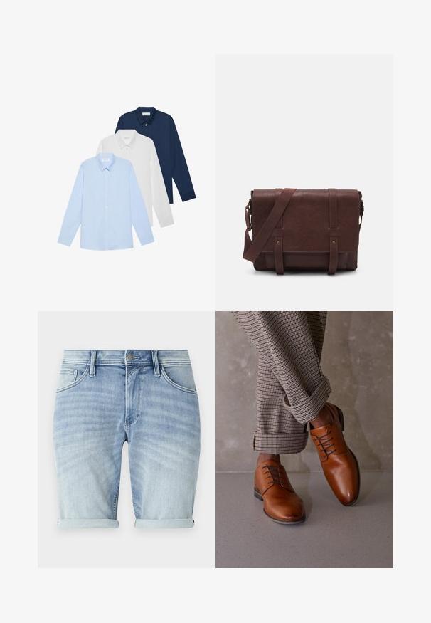 Három hosszúujjú ing: világoskék, fehér és tengerészkék. Mindegyik klasszikus galléros és gombos előlapi, sima anyagból készült.; Világoskék farmer rövidnadrág elöregedett hatással, felgörbített szegélyekkel, elülső zsebekkel és fémből készült gombos záródással a deréknál.; Barna bőrcipők kerek orral, öt szemlyukú fűzős kialakítással és eltérő sötét fűzőkkel rendelkeznek. A nadrág kockás, a szárán fel van hajtva.; Barna bőr válltáska, lapos elülső fedéllel, két pánttal, arany színű fém kiegészítőkkel és állítható vállpánttal.