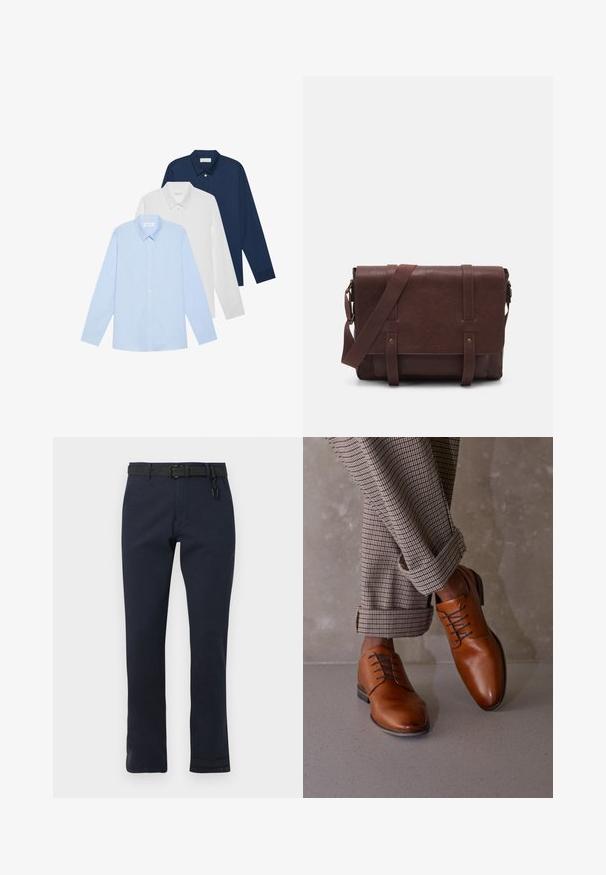 Tre camicie a maniche lunghe: azzurra chiara, bianca e blu navy. Tutte hanno un colletto classico e una chiusura con bottoni, realizzate in tessuto liscio.; Pantaloni blu navy con taglio dritto, realizzati in tessuto resistente. Presentano una cintura nera e un design semplice senza motivi.; Le scarpe in pelle marrone presentano una punta arrotondata, un design con cinque occhielli per i lacci e lacci scuri a contrasto. I pantaloni sono a scacchi, arrotolati sui polsini.; Borsa a tracolla in pelle marrone con un davanti piatto, due cinghie, dettagli in metallo dorato e una tracolla regolabile.