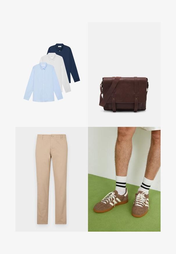 Três camisetas de manga longa: azul claro, branca e azul-marinho. Todas têm gola clássica e frente com botões, feitas de tecido liso.; Calças bege feitas de algodão com corte reto, apresentando um fecho frontal por botão, bolsos laterais e detalhes de textura subtil.; Sapatilhas de camurça castanha com detalhes e atacadores brancos. Sola de borracha color de caramelo. Usadas com meias brancas com riscas pretas. Piso texturizado verde.; Mala mensageiro de couro castanho com uma aba frontal plana, duas correias, detalhes em metal dourado e uma alça de ombro ajustável.