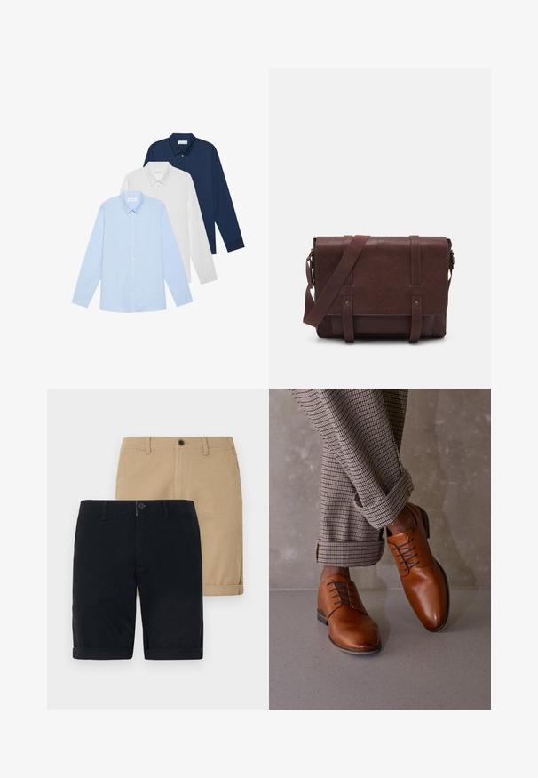 Kolm pika varrukaga särk: helesinine, valge ja tumesinine. Kõigil on klassikaline krae ja nööbid, valmistatud siledast kangast.; Kaks paar lühikesi pükse: ühe paar on tumesinine ja teine khaki. Mõlemad on valmistatud puuvillast, neil on lame eesmine osa, üleskeeratud serv ja nööbi kinnitamine.; Pruunid nahast kingad on ringikujulise varbaga, viie silmaga nöörimise disainiga ja kontrastsete tumedate nööridega. Püksid on ruudulised ja pahkluude juures üles keeratud.; Pruunist nahast sõnumiekot, millel on lame eesmine klapp, kaks rihma, kullatud detailid ja reguleeritav õlarihm.